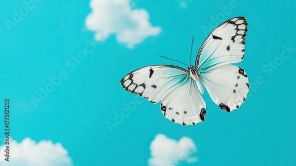 Obraz Butterfly flying against a clear blue sky with fluffy white clouds.