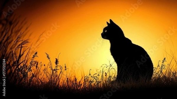 Fototapeta Silhouette of a cat against a vibrant sunset backdrop in a serene landscape.