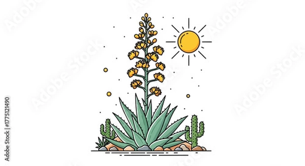 Fototapeta Stylized desert landscape featuring a blooming agave, cacti, and sunny weather providing a nature