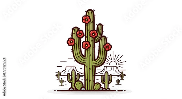 Fototapeta Stylized desert landscape showcasing a blooming saguaro cactus with sunshine elements