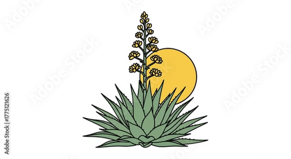 Fototapeta Agave plant in the desert with the sun setting in the background, minimalist and modern graphic