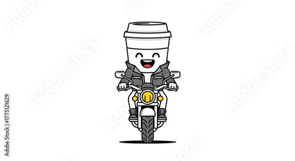 Fototapeta Cartoon coffee cup character riding a motorcycle with a cheerful expression, a fun depiction of a