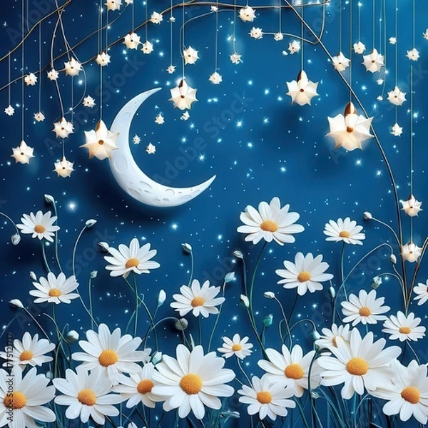 Fototapeta Charming scene of daisies under a starry sky with a crescent moon.