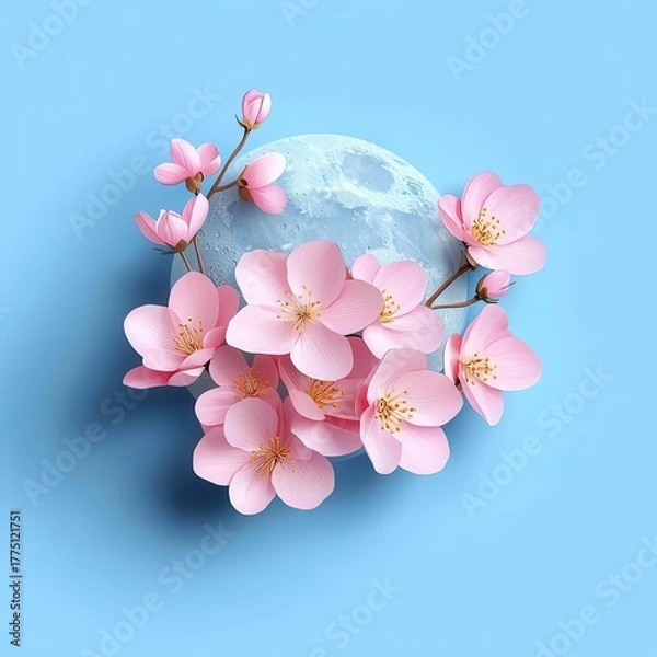Fototapeta Cherry blossoms surrounding a moon on a soft blue background.