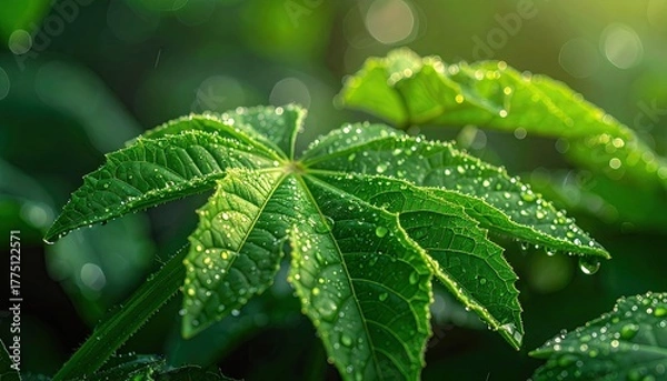 Fototapeta Close up shot of vibrant green leaves covered in sparkling water droplets catching golden morning sunlight with soft bokeh background in a lush garden setting