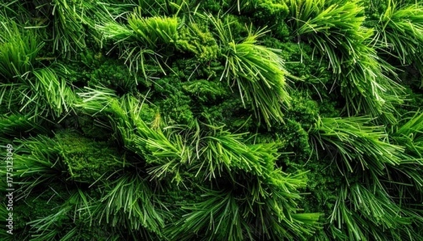 Obraz Close up view of dense green pine needles with tiny white speckles sparkling in bright light and deep shadows natural abstract background