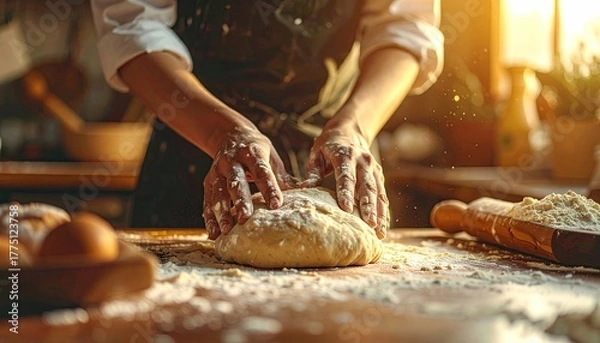 Fototapeta Close up of hands kneading dough on a wooden table dusted with flour during golden hour with warm sunlight casting a glow across the scene