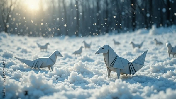 Fototapeta A quiet snowfield of self folding origami creatures that awaken from falling flakes and stroll