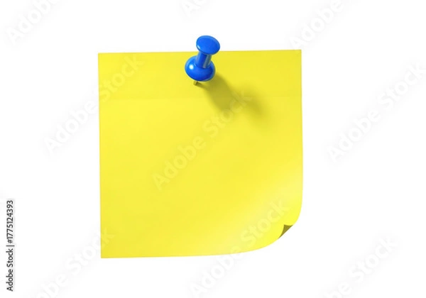 Fototapeta Yellow sticky note pinned with blue pushpin for reminders and messages transparent background