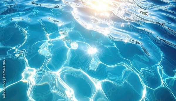 Obraz Close up of sparkling clear blue water surface with bright sun reflections and ripples creating abstract patterns on a sunny day