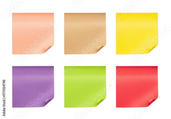 Fototapeta Six colorful sticky notes with corner shadows for organization and reminders transparent background