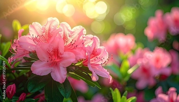 Fototapeta Close up of vibrant pink rhododendron flowers bathed in warm golden sunrise light with soft green bokeh background