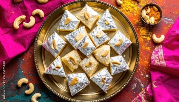 Obraz Close Up Overhead View Of Traditional Indian Sweets Called Kaju Katli Arranged On A Golden Plate Garnished With Cashews And Silver Leaf With Pink Silk Fabric In The Background