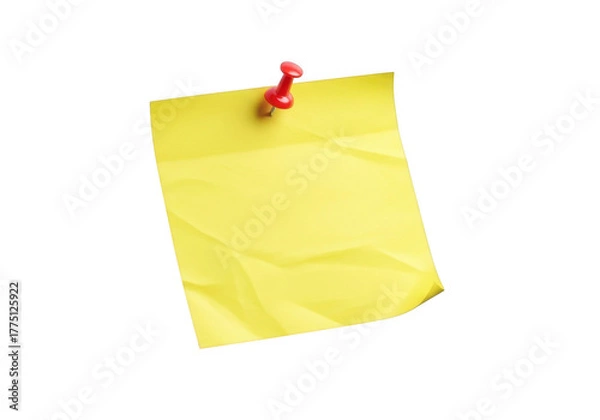 Fototapeta Blank yellow sticky note pinned securely with a red pushpin on black transparent background