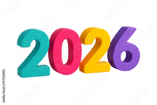 Obraz Bold colorful 3D numbers forming 2026 isolated on white background, vibrant glossy typography for New Year celebrations, marketing campaigns and future date concepts