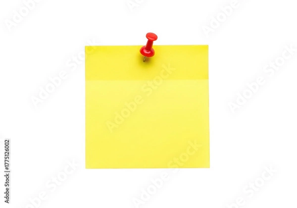 Fototapeta Bright yellow sticky note pinned with red thumbtack against a deep void transparent background