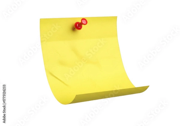 Fototapeta Bright yellow sticky note pinned with red thumbtack isolated on black transparent background