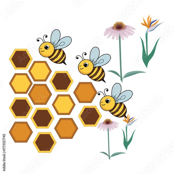 Fototapeta Seamless border pattern with honeycomb and honey bees. Cute beekeeping frame design isolated on white background. Vector illustration