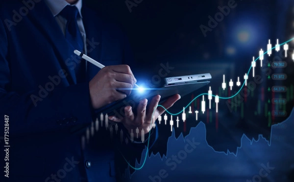 Fototapeta businessman or trader showing a growing virtual hologram stock, indicating an investment in trading. Concept of fund management. Strategy finance success wealth