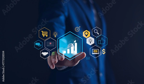 Fototapeta Digital online marketing commerce sale concept, Promotion of products or services through channel search engine, email, website advertising, Market Strategy and Goals