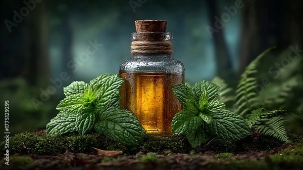 Fototapeta Soft-focused background with a clear bottle of peppermint essential oil resting among dewy green mint foliage.