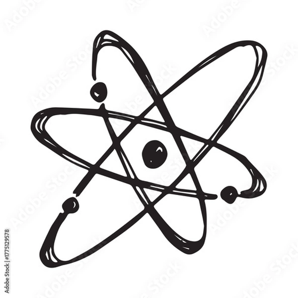 Fototapeta Hand drawn atom sign Molecule clipart in doodle style Single element for print, web, design, decor Symbol of science, education, nuclear energy, scientific research, molecular chemistry
