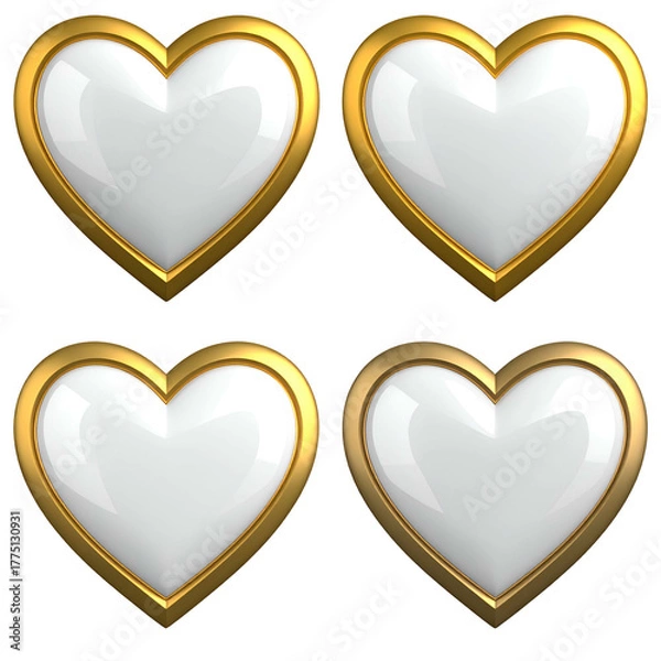 Fototapeta Four glossy white heart shapes with gold borders arranged on a black background