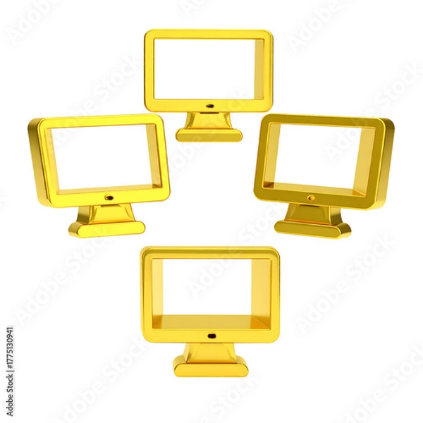 Fototapeta Four golden computer monitors arranged in a circular configuration on black