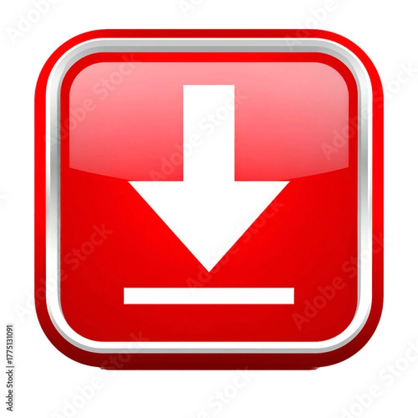 Fototapeta Glossy, square red icon with a downward arrow over a horizontal line