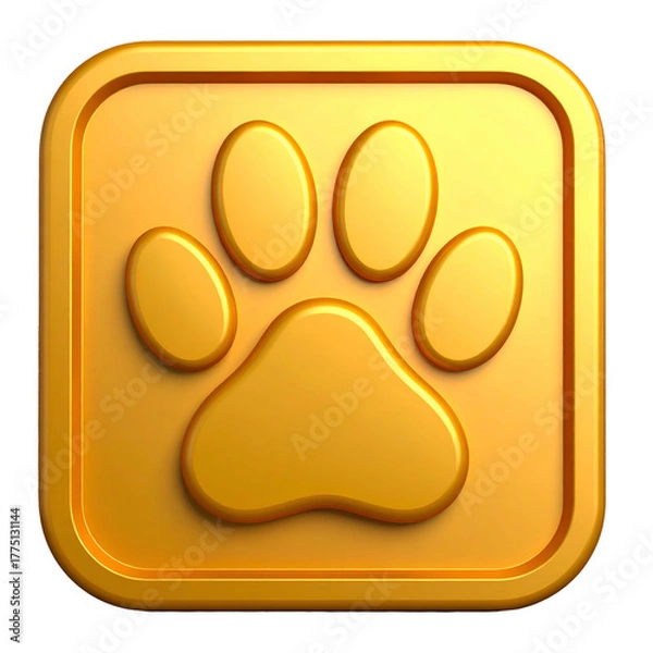 Fototapeta Gold square icon depicts a raised paw print with rounded corners, set against black