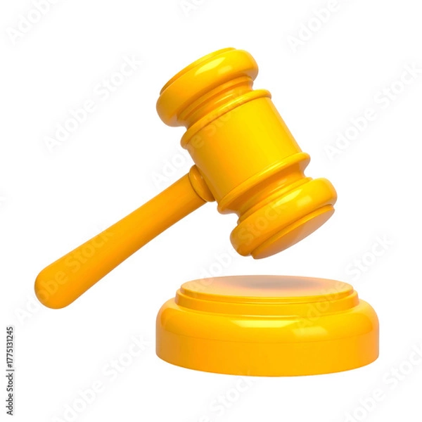 Fototapeta Golden gavel atop circular stand against black, used for judgment or auction