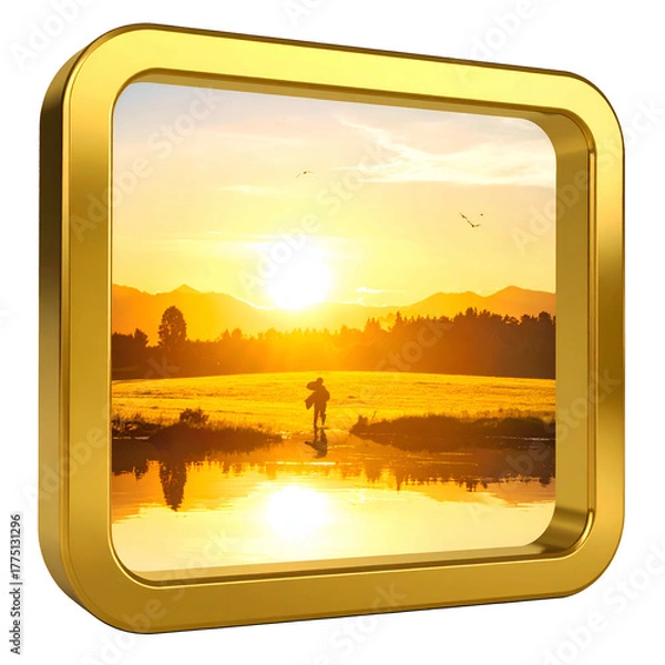 Fototapeta Golden-framed image of a landscape with a sunrise reflection and person