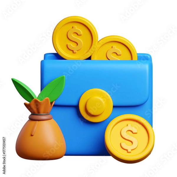 Fototapeta Rendered blue wallet with gold coins and a sprouting bag of gold on a black background