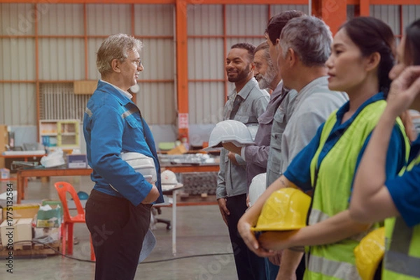 Fototapeta A group of engineers and staff members are discussing their work while working in a metal sheet and metal sheet roofing factory.