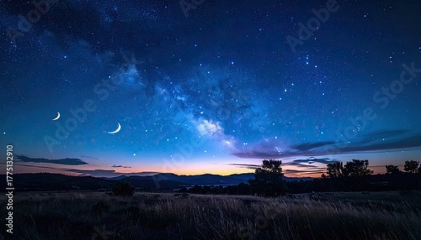 Obraz Vast Starry Night Sky Over a Silhouette Landscape with the Milky Way Galaxy Visible Above the Horizon at Dusk