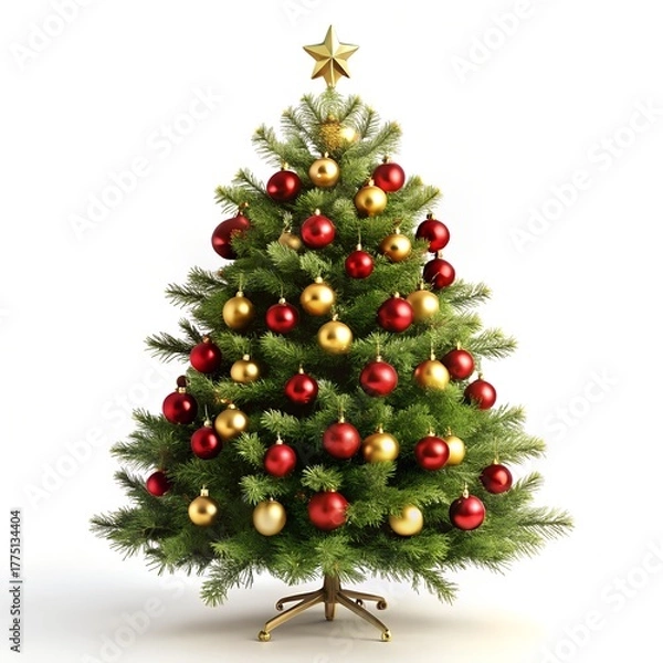 Fototapeta Elegant Christmas Tree with Red and Gold Ornaments on Pure White Background – 16K Studio Photo