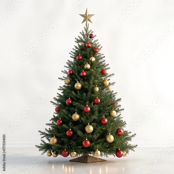 Fototapeta Elegant Christmas Tree with Red and Gold Ornaments on Pure White Background – 16K Studio Photo