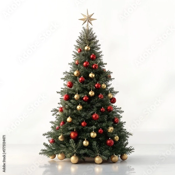 Fototapeta Elegant Christmas Tree with Red and Gold Ornaments on Pure White Background – 16K Studio Photo