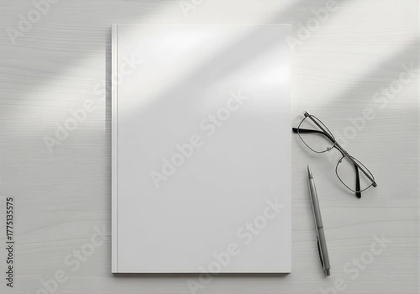 Fototapeta Closed Blank Magazine on White Desk with Pen and Glasses, Top View