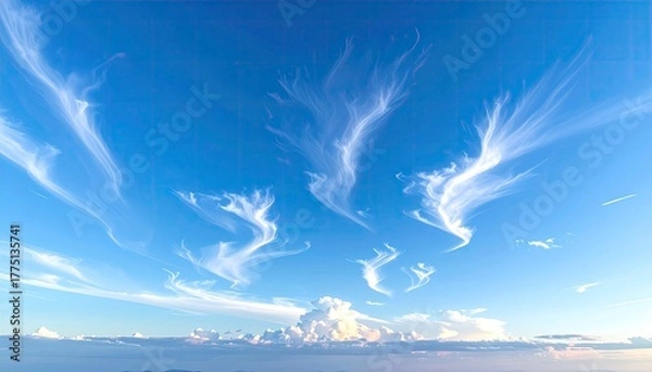 Fototapeta Wispy white cirrus clouds stretch across a vibrant blue sky above a distant horizon with scattered fluffy cumulus clouds illuminated by soft sunlight creating an ethereal atmospheric scene