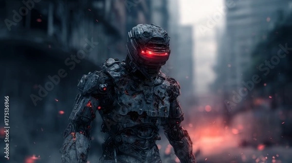 Fototapeta Military-style robot walking through a dystopian city