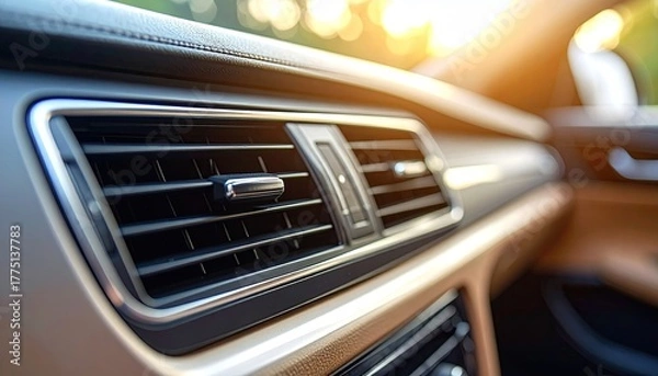 Obraz Close Up Of A Car Interior Air Vent With Warm Sunlight Streaming Through The Window In The Daytime Creating A Bokeh Effect On The Background