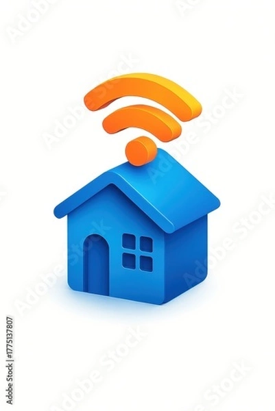 Fototapeta Blue cartoon house with bright orange wi fi signal waves emanating from the roof