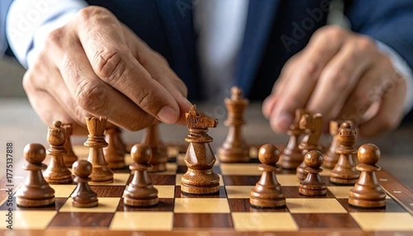 Obraz Close up of a man in a dark blue suit moving a chess piece on a wooden chessboard during a strategic game with focused lighting