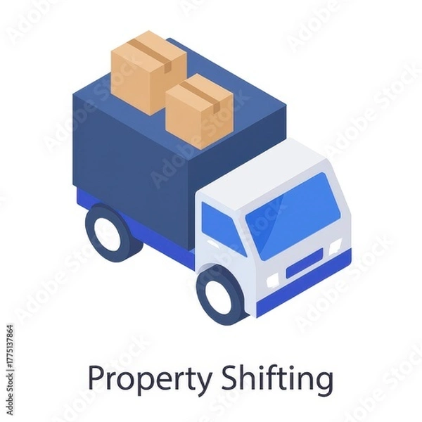 Fototapeta Isometric illustration of a blue delivery truck loaded with cardboard boxes signifying property shifting and logistics