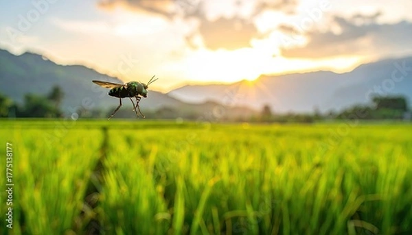 Obraz Close Up Macro Shot Of A Hoverfly Insect Mid Flight Over A Vibrant Green Rice Field During A Golden Sunset With Mountain Silhouettes In The Background