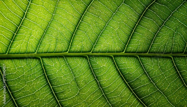 Obraz Macro Close-Up of Green Leaf Venation with Reticulate Pattern and Midrib — High-Resolution Botanical Texture Background for Eco, Wellness, Packaging, Print, and Web Design Projects