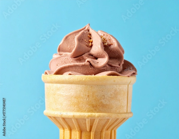 Obraz Chocolate Soft-Serve Ice Cream in Cake Cone on Pastel Blue Background — Close-Up Swirl Texture, Studio Dessert Shot for Advertising, Packaging, Menu Design, Social Media and Web Banners
