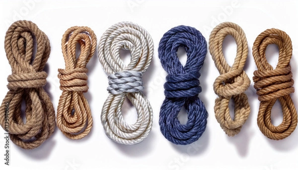 Obraz Set of six coiled ropes in assorted colors—natural jute, sisal, cotton and synthetic cordage—arranged in a row, isolated on white background; nautical/marine, craft and packaging concept, rustic textu