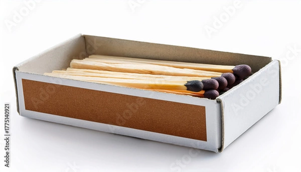 Obraz Open Cardboard Matchbox with Neatly Arranged Wooden Safety Matches on White Background — Blank Label Packaging Mockup, Minimal Studio Product Shot for Branding, Advertising, and Fire-Safety Concepts